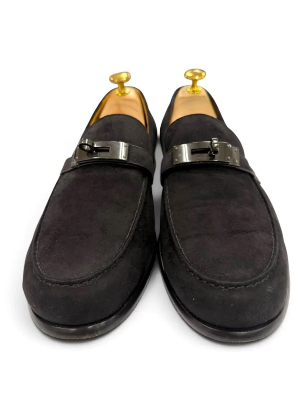 Hermes Suede Leather Kelly Buckle Chip Shoes Loafers Black Business